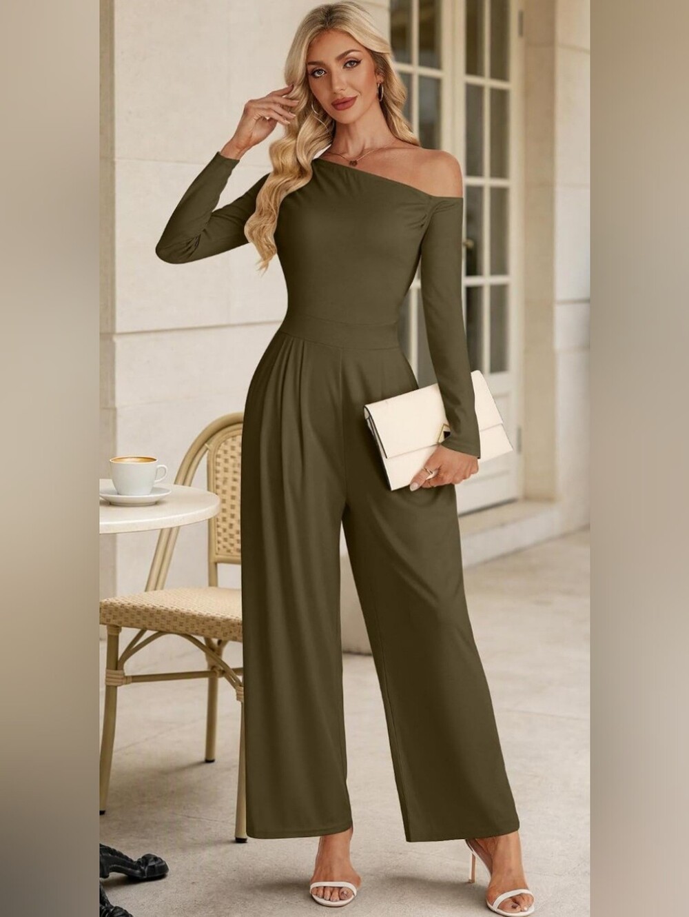 NWT Olive Green Off Shoulder Wide Leg Jumpsuit Size Large